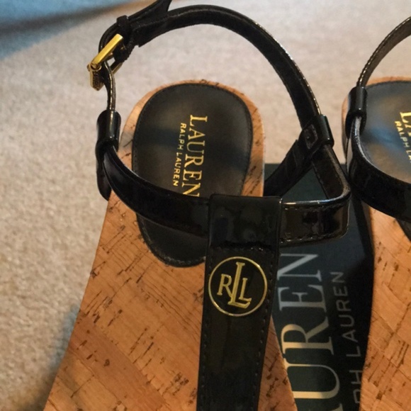 LAUREN Ralph Logo Cork Heel Wedges Size 7 - Picture 2 of 4